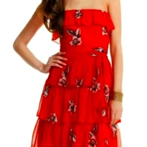 White House Black Market red floral ruffled dress small gorgeous!